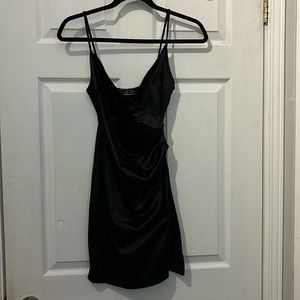 Black criss cross mini party‎ dress with spaghetti straps and slit